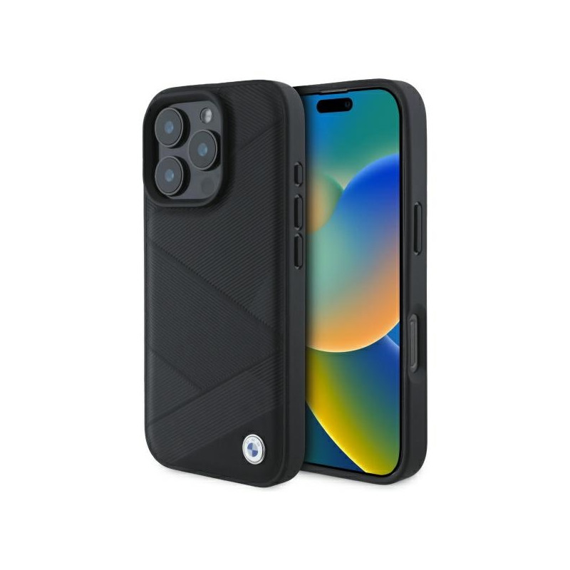 BMW pouzdro Sign Leather Crossing Lines Pattern pro iPhone 16 Pro Max – černé