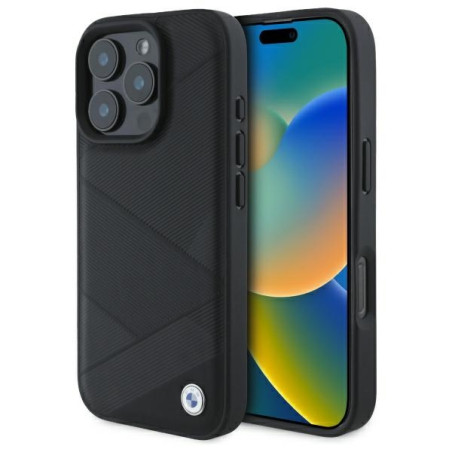 BMW pouzdro Sign Leather Crossing Lines Pattern pro iPhone 16 Pro Max – černé