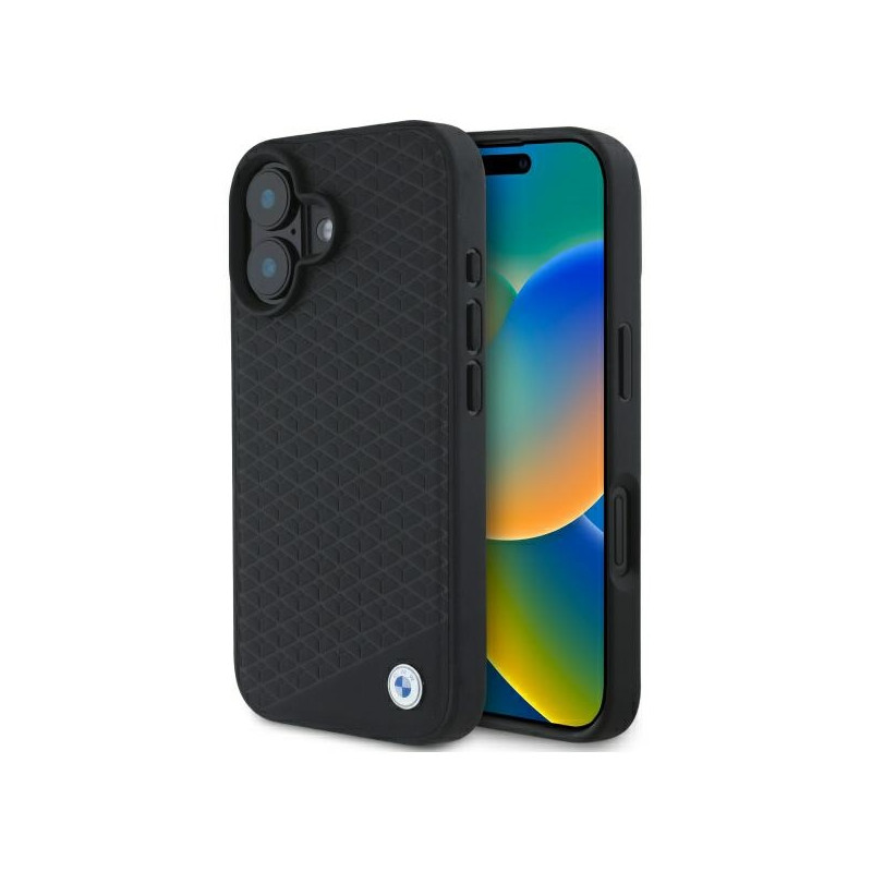 BMW kožené pouzdro Sign Leather Diamond Metal Logo MagSafe pro iPhone 16 – černé