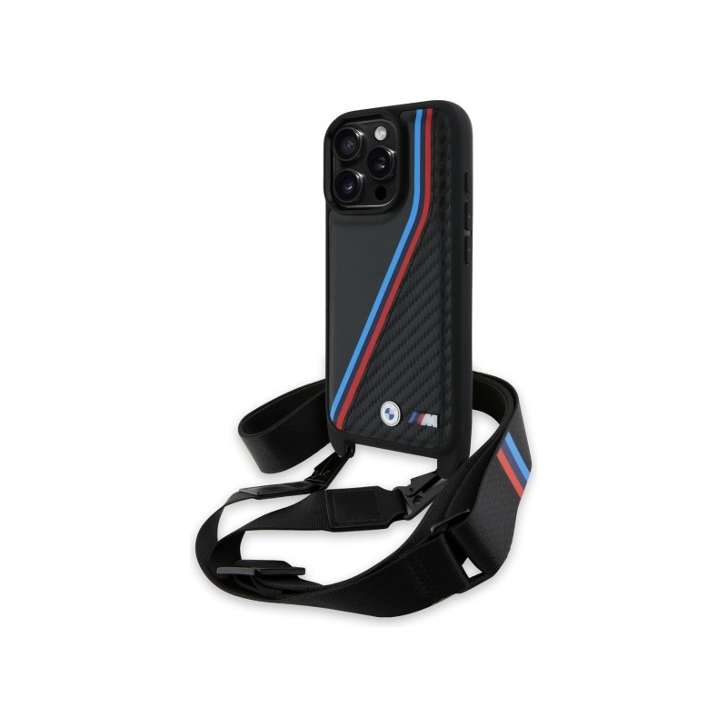 BMW M Edition karbonové pouzdro s tříbarevnými linkami a poutkem na iPhone 16 Pro - černé