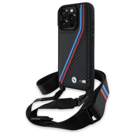 BMW M Edition karbonové pouzdro s tříbarevnými linkami a poutkem na iPhone 16 Pro - černé