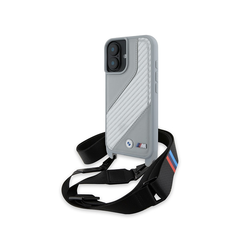 BMW M Edition karbonové pouzdro Carbon Stripe a Strap na iPhone 16 - šedé