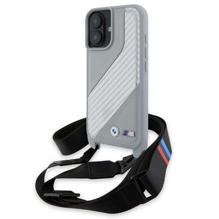 BMW M Edition karbonové pouzdro Carbon Stripe a Strap na iPhone 16 - šedé
