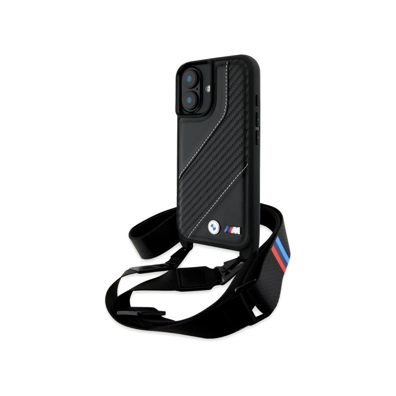 BMW M Edition karbonové pouzdro Carbon Stripe a Strap na iPhone 16 - černé
