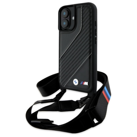 BMW M Edition karbonové pouzdro Carbon Stripe a Strap na iPhone 16 - černé