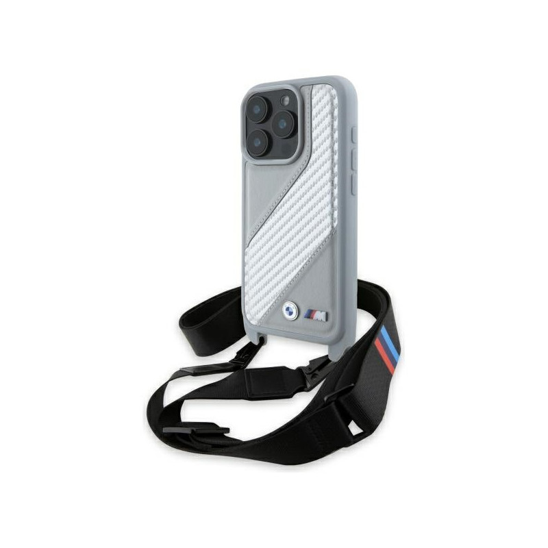 BMW M Edition karbonové pouzdro Carbon Stripe a Strap na iPhone 16 Pro Max - šedé