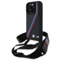 BMW M Edition karbonové pouzdro s tříbarevnými linkami a poutkem na iPhone 16 Pro Max - černé