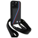BMW M Edition karbonové pouzdro s tříbarevnými linkami a poutkem na iPhone 16 Pro Max - černé