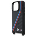 BMW M Edition karbonové pouzdro s tříbarevnými linkami a poutkem na iPhone 16 Pro Max - černé