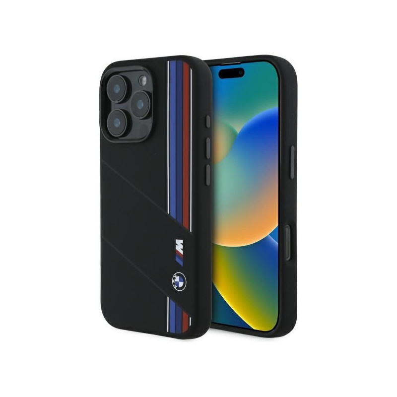 BMW Silicone silikonové pouzdro s tříbarevnými linkami MagSafe na iPhone 16 Pro - černé
