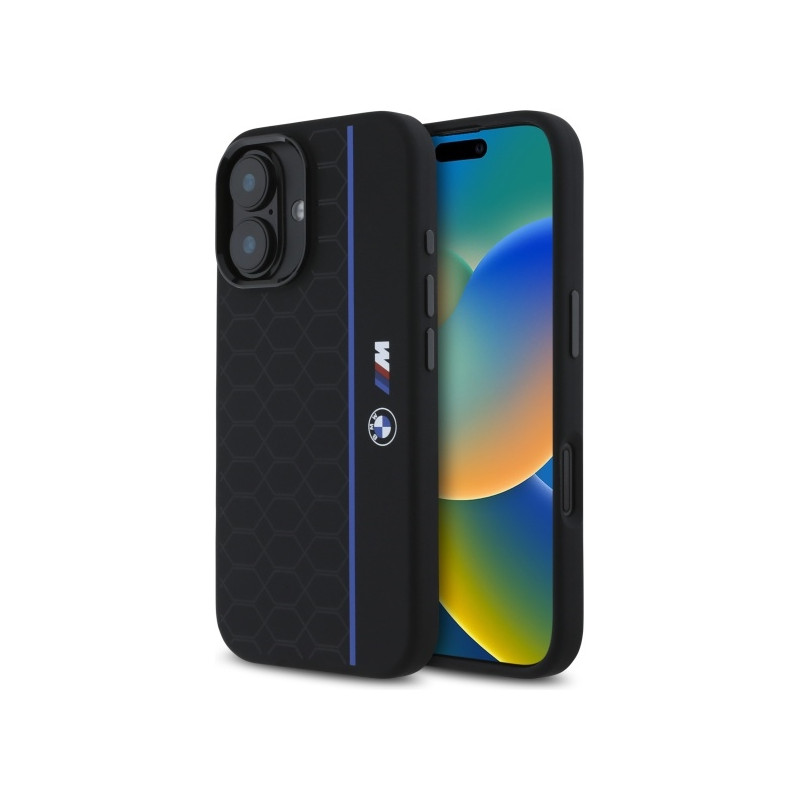 BMW Silikonové pouzdro Hexagon Blue Line MagSafe na iPhone 16 - černé