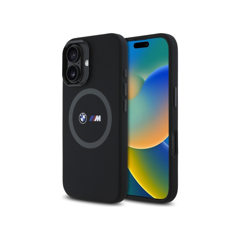 BMW M Silikonové pouzdro Printed Ring MagSafe na iPhone 16 - černé