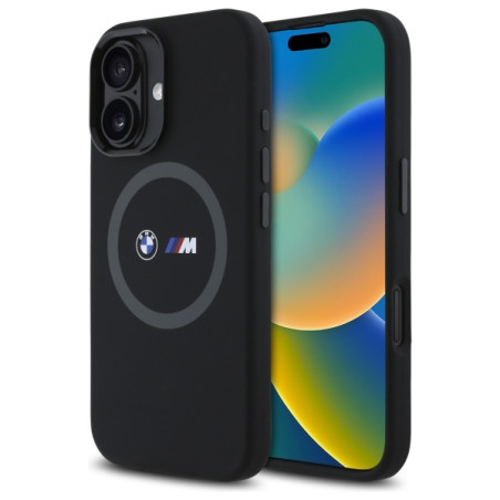 BMW M Silikonové pouzdro Printed Ring MagSafe na iPhone 16 - černé