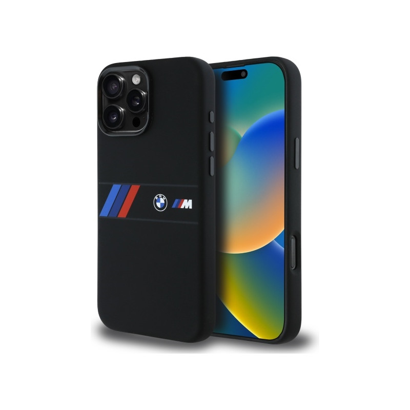 BMW Silikonové pouzdro Middle Stripe MagSafe na iPhone 16 Pro Max - černé