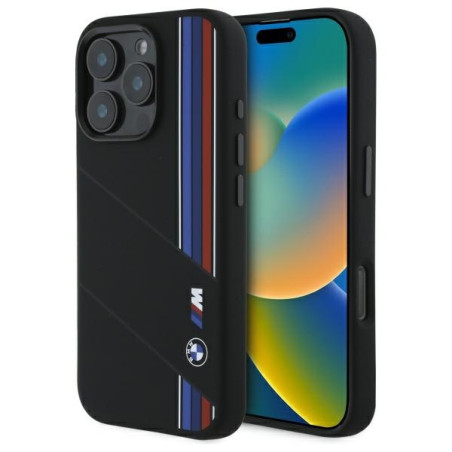 BMW Silikonové pouzdro Cut Tricolor Lines MagSafe na iPhone 16 Pro Max - černé