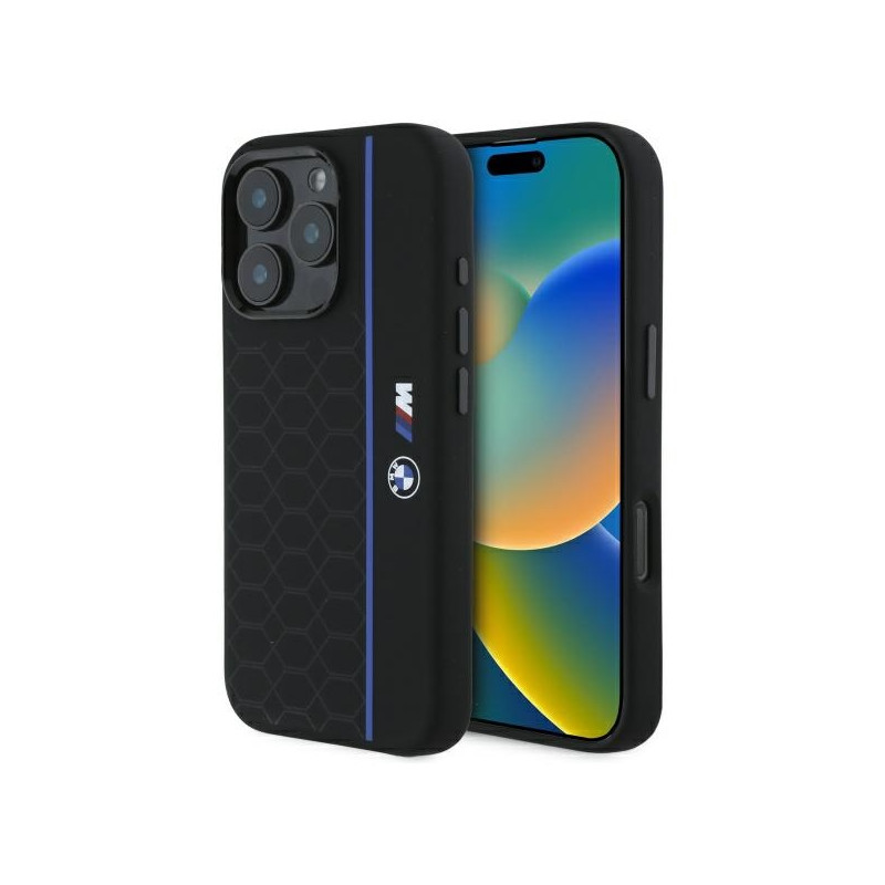 BMW Silikonové pouzdro Hexagon Blue Line MagSafe na iPhone 16 Pro Max - černé