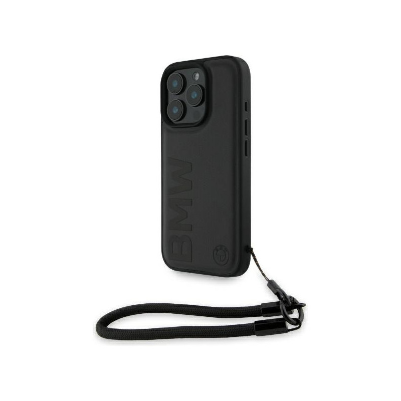 BMW pouzdro Signature Leather Wordmark Cord pro iPhone 16 Pro Max – černé
