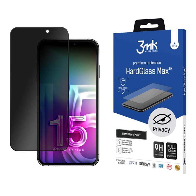 Ochranné sklo 3mk HardGlass Max Privacy™ pro iPhone 15 Plus - privacy filtr