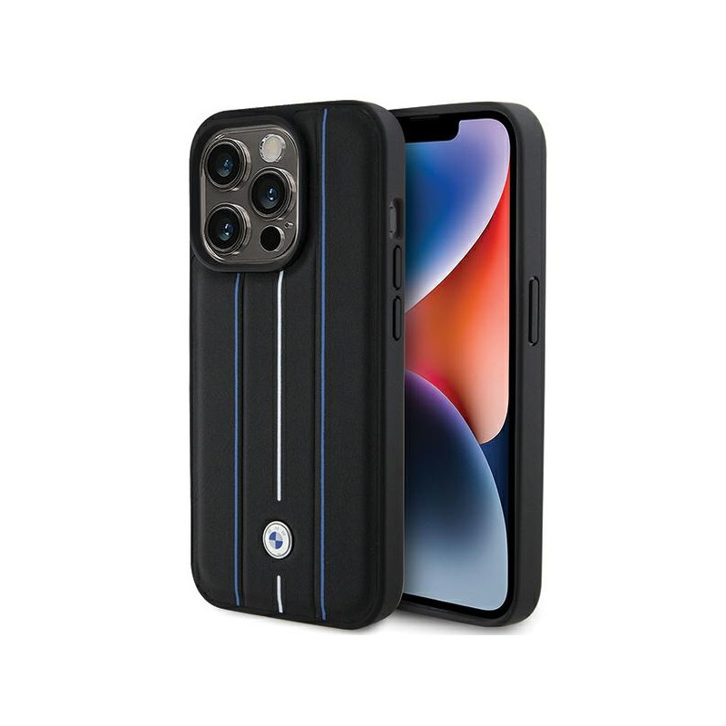 BMW kožené pouzdro Leather Stamp Blue Line pro iPhone 15 Pro Max – černé