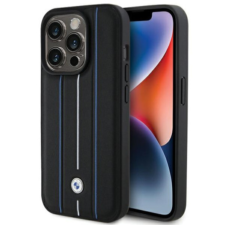 BMW kožené pouzdro Leather Stamp Blue Line pro iPhone 15 Pro Max – černé