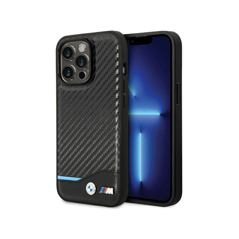BMW kožené pouzdro Leather Carbon pro iPhone 13 Pro / 13 – černé