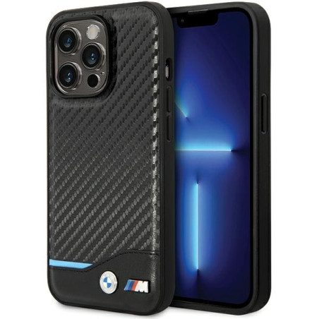 BMW kožené pouzdro Leather Carbon pro iPhone 13 Pro / 13 – černé