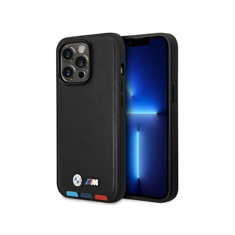 BMW Leather Stamp Tricolor kožené pouzdro na iPhone 14 Pro - černé