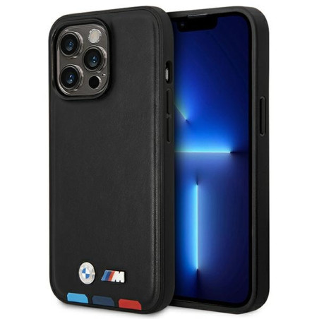 BMW Leather Stamp Tricolor kožené pouzdro na iPhone 14 Pro - černé