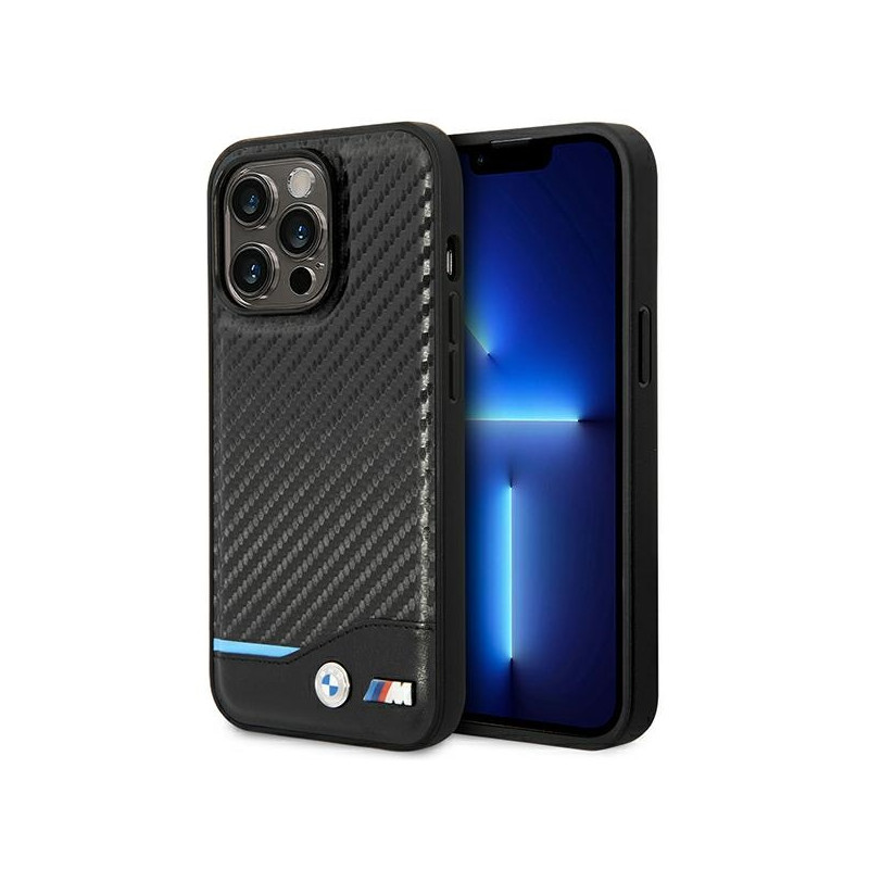 BMW Leather Carbon kožené pouzdro na iPhone 14 Pro Max - černé