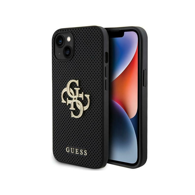 Pouzdro Guess Leather Perforated 4G Glitter Logo pro iPhone 15 - černé