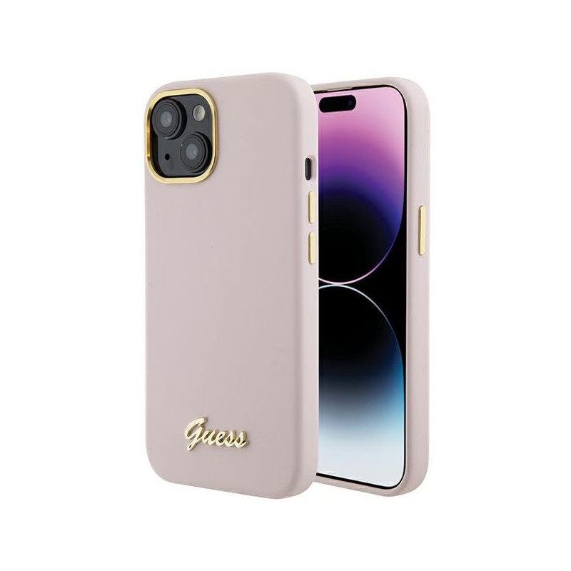 Kryt Guess Silicone Script Metal Logo & Frame pro iPhone 15 - růžová