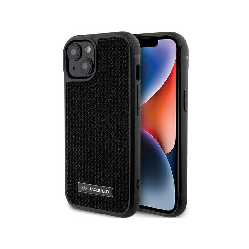 Kryt Karl Lagerfeld RHINESTONE LOGO kovová destička pro iPhone 15 - černý