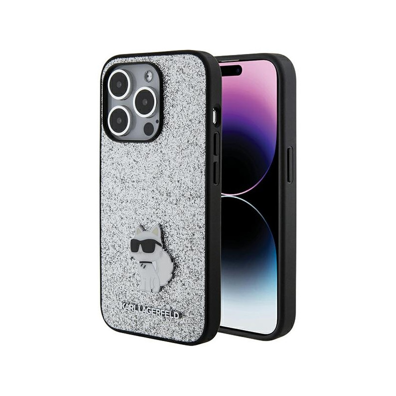 Kryt Karl Lagerfeld CHOUPETTE Fixed Glitter Logo Metal pro iPhone 15 Pro Max - stříbrná