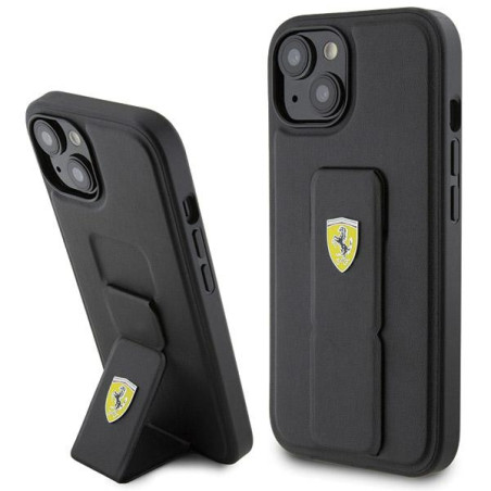 Kryt Ferrari Grip Stand Metal Logo pro iPhone 15 – černá