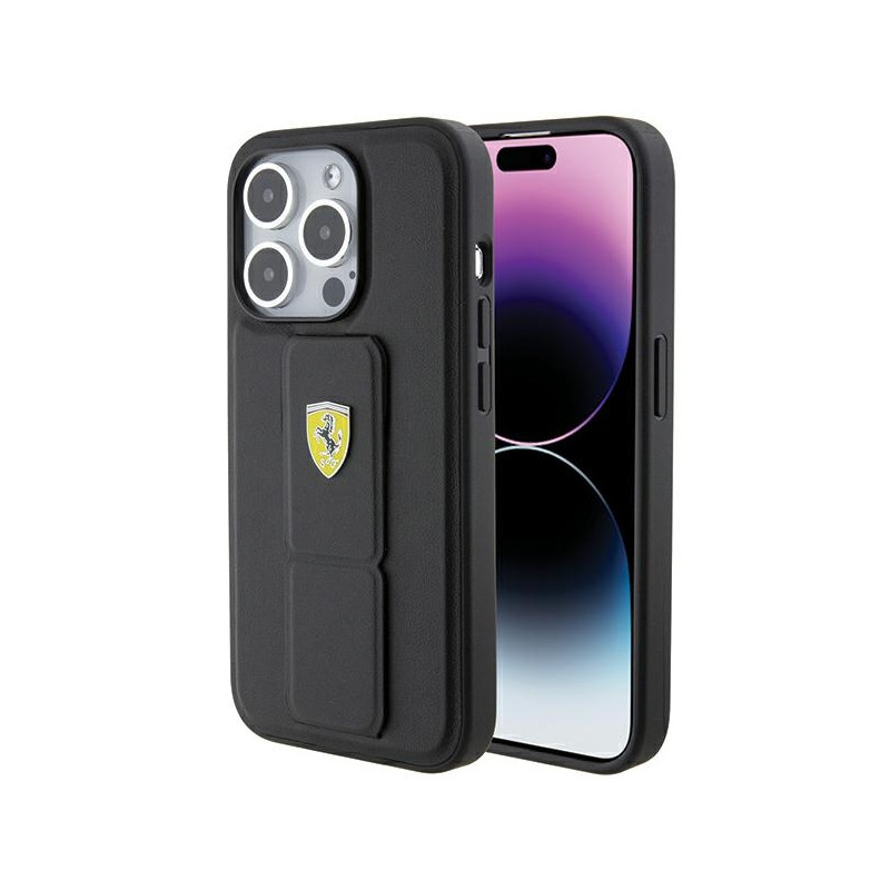 Kryt Ferrari Grip Stand Metal Logo pro iPhone 15 Pro Max - černý