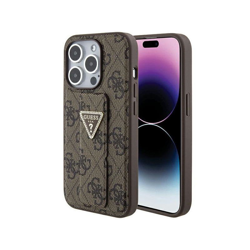 Kryt GUESS Grip Stand 4G Triangle Strass pro iPhone 15 Pro - hnědý