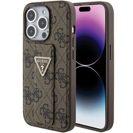 Kryt GUESS Grip Stand 4G Triangle Strass iPhone 15 Pro - hnědý