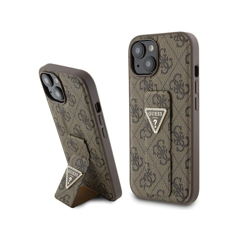 Kryt Guess GRIP STAND 4G Triangle Strass pro iPhone 15 - hnědý