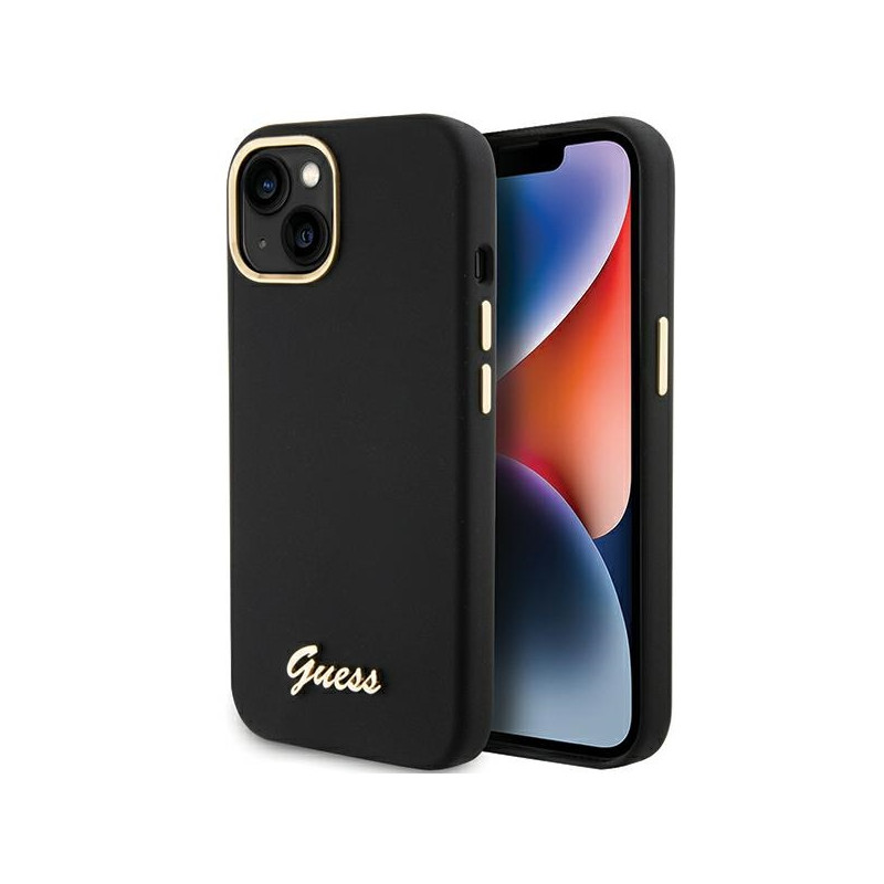 Kryt Guess SILICONE SCRIPT METAL LOGO & FRAME pro iPhone 15 - černý