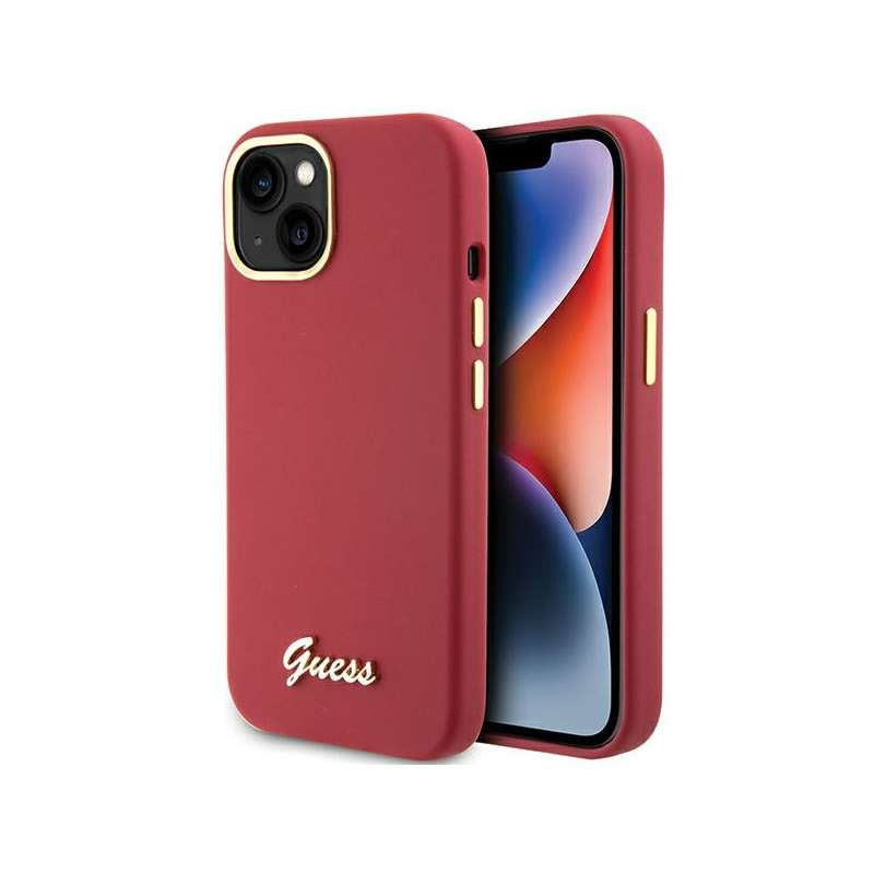 Kryt Guess Silicone Script Metal Logo & Frame pro iPhone 15 - červený