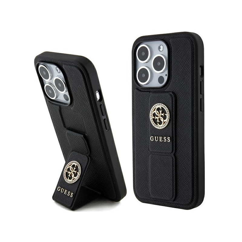Kryt Guess Grip Stand 4G Saffiano Strass pro iPhone 15 Pro Max - černý