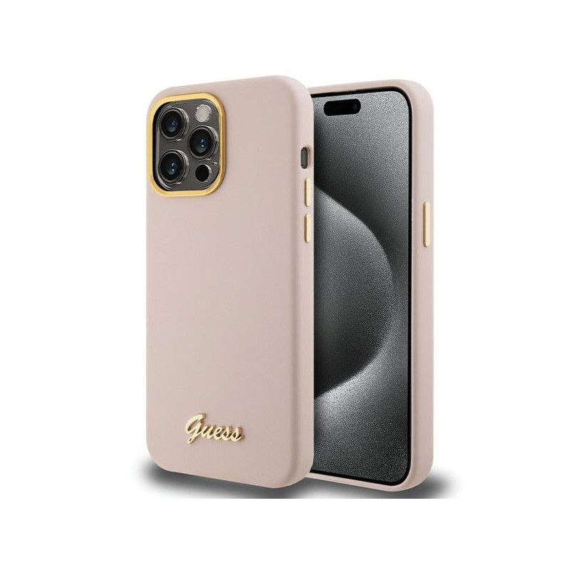 Kryt Guess SILICONE SCRIPT METAL LOGO & FRAME pro iPhone 15 Pro Max - pink