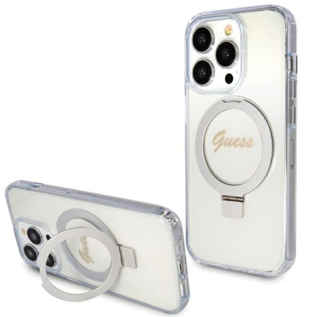 Kryt Guess Ring Stand Script Glitter iPhone 15 Pro – transparent