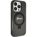 Kryt Guess Ring Stand Script Glitter iPhone 15 Pro - černý
