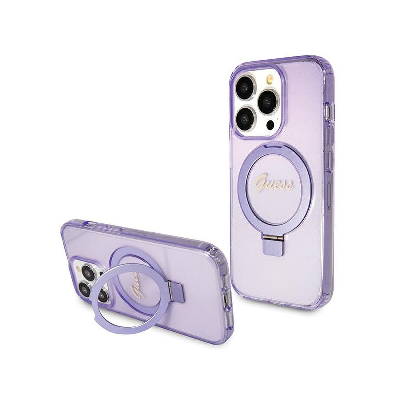 Kryt Guess Ring Stand Script Glitter MagSafe pro iPhone 15 Pro - fialový