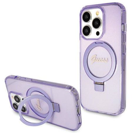 Kryt Guess Ring Stand Script Glitter MagSafe iPhone 15 Pro - fialový