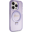 Kryt Guess Ring Stand Script Glitter MagSafe iPhone 15 Pro - fialový