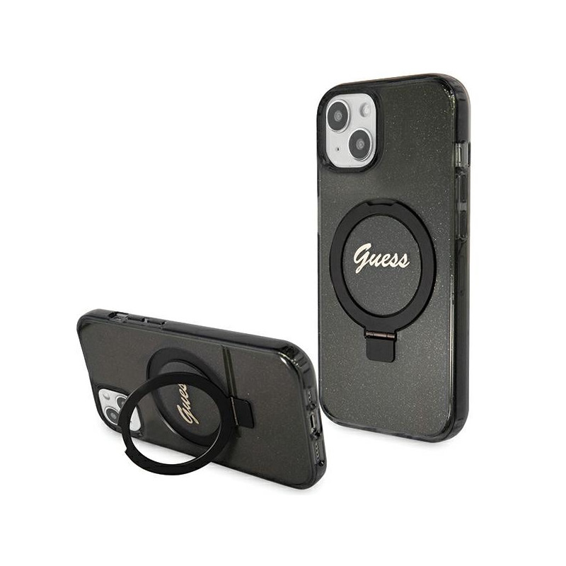 Kryt Guess Ring Stand Script Glitter pro iPhone 15 Plus / 14 Plus - černý