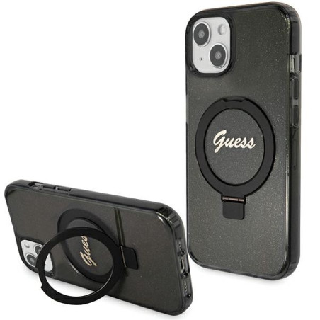 Kryt GUESS Ring Stand Script Glitter pro iPhone 15 Plus / 14 Plus - č