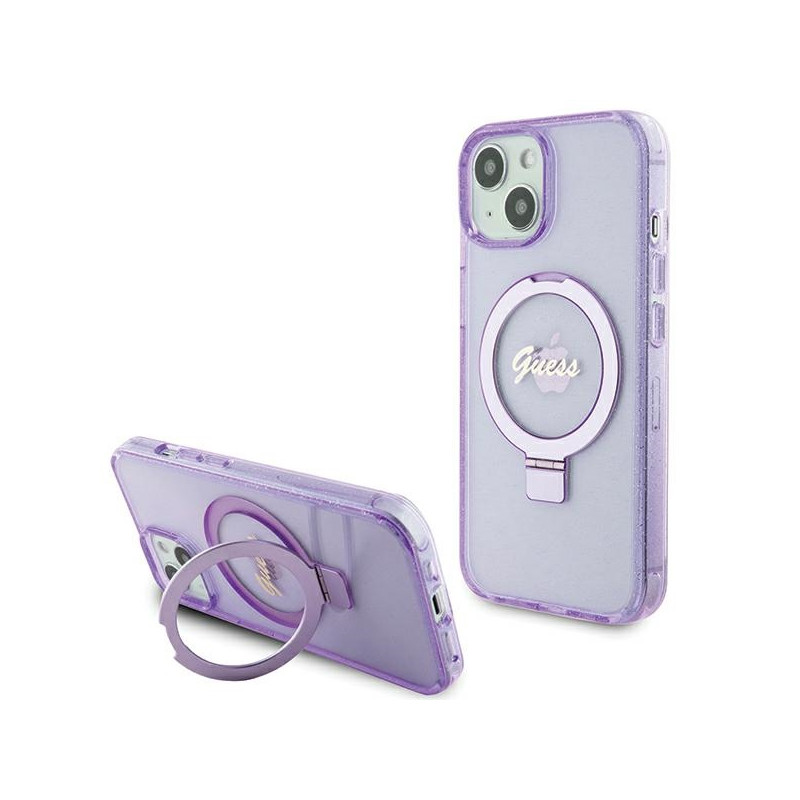 Stojánek/Držák na telefon Guess RING STAND SCRIPT GLITTER pro iPhone 15 Plus / 14 Plus - fialová